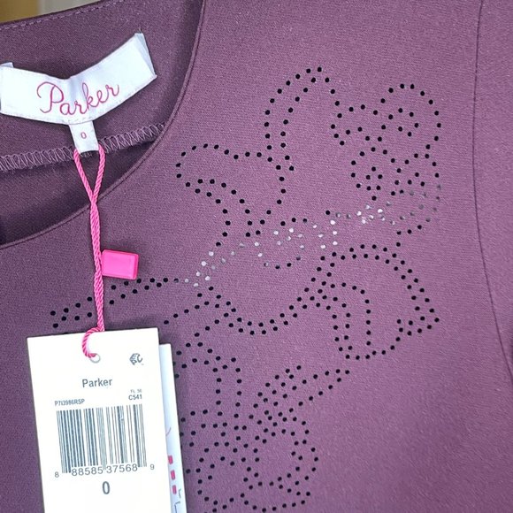 PARKER Orlando Laser Cut Bell Ruffle long Sleeve Dress Raisin Sheath Red 0 New - Picture 13 of 14